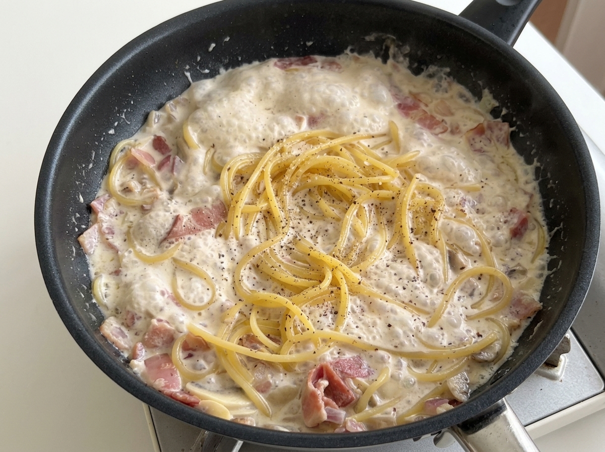 フライパンの中のパスタに、黒こしょうを振りかけている様子。