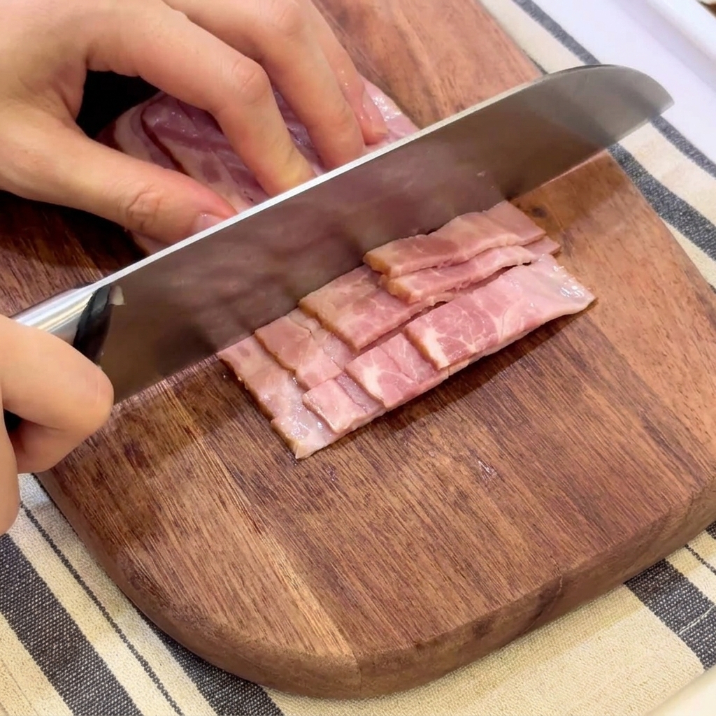 重ねたベーコンをひと口サイズにカットしている様子。