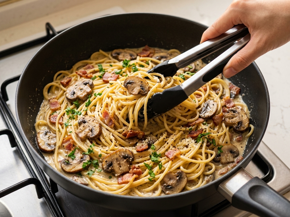 トングを使ってパスタとソースをしっかり絡める様子。