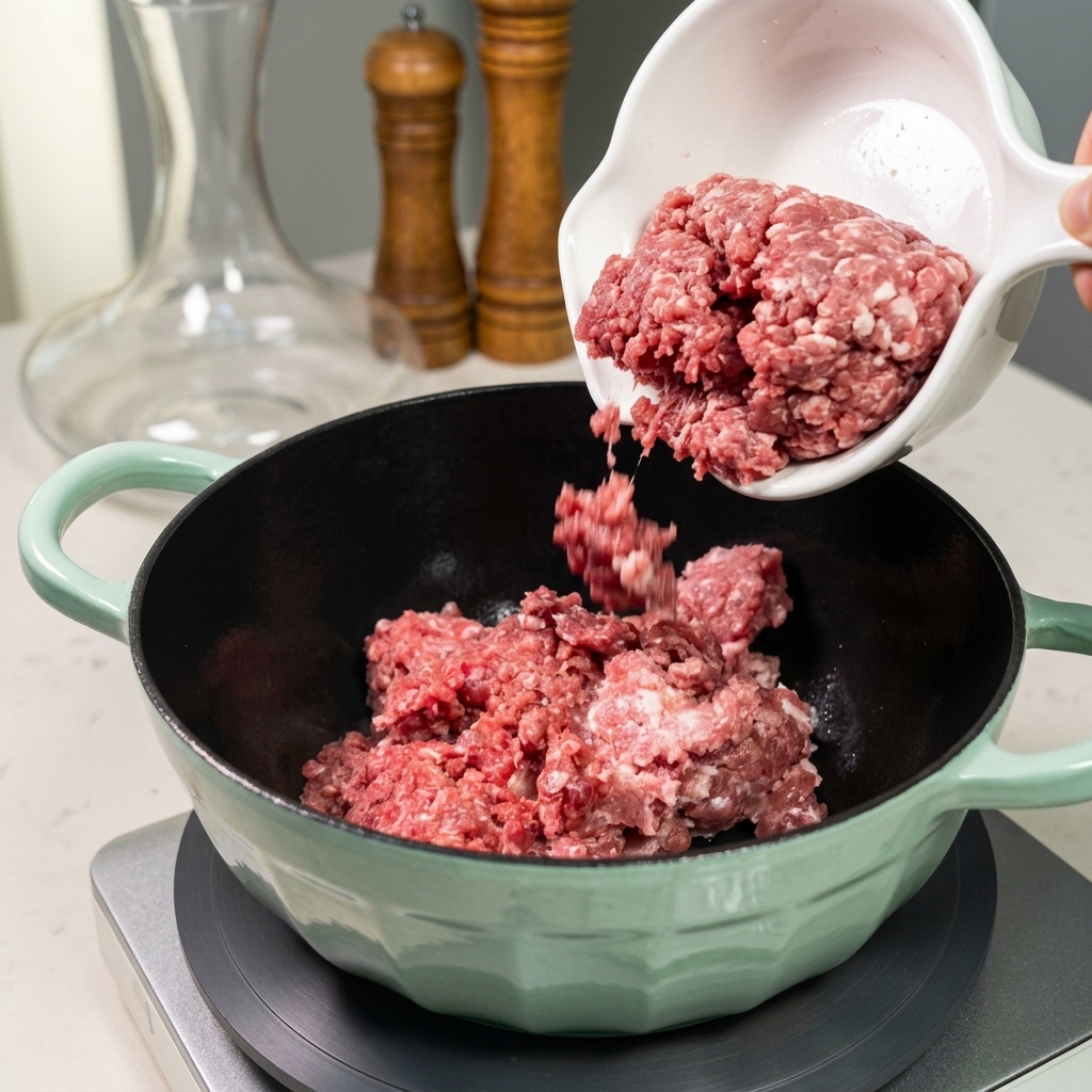 淡いグリーンの鍋に、牛挽き肉と豚挽き肉をボウルから入れている様子。