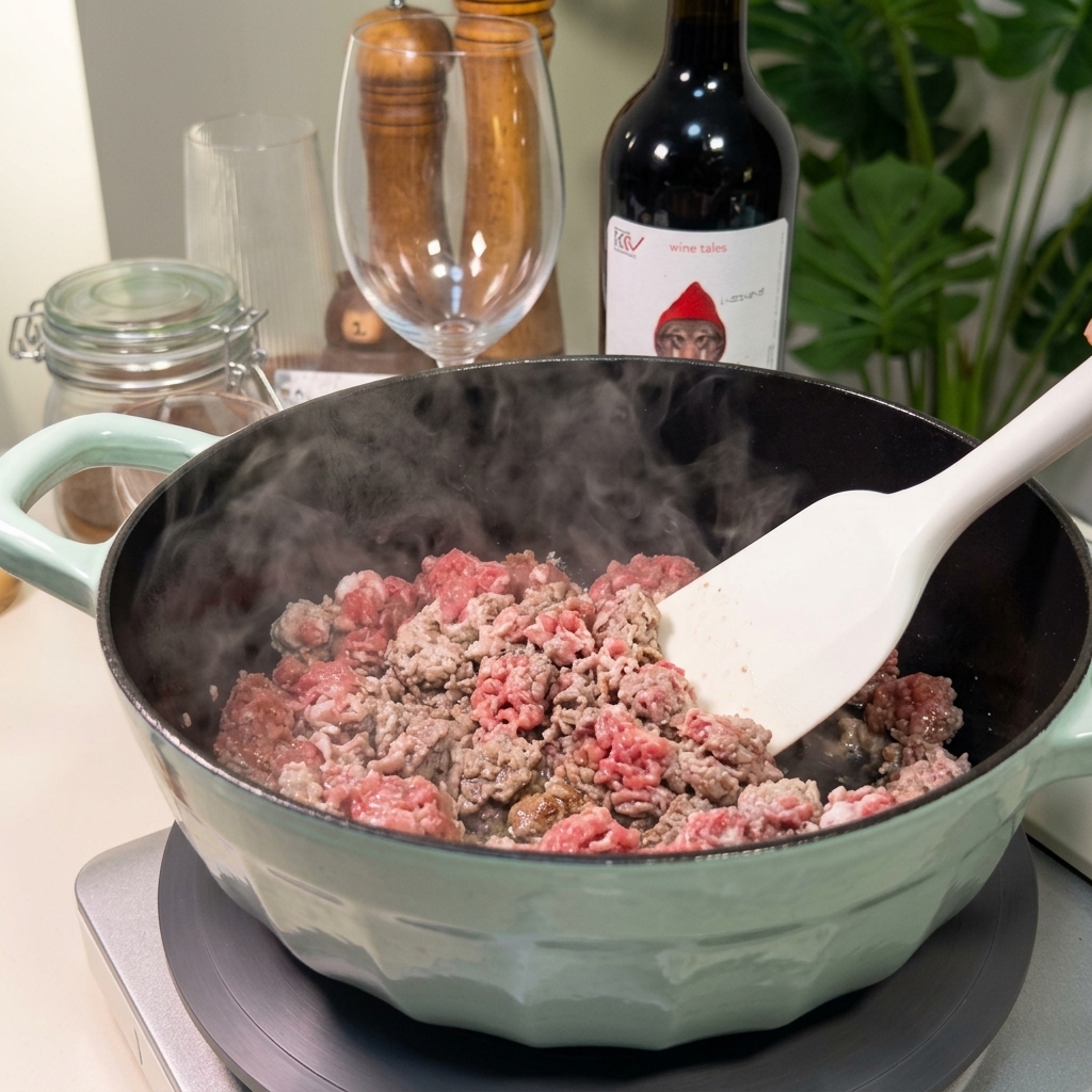 鍋の中で挽き肉をスパチュラで炒めている様子。蒸気が上がり、肉に焼き色がついてきている。