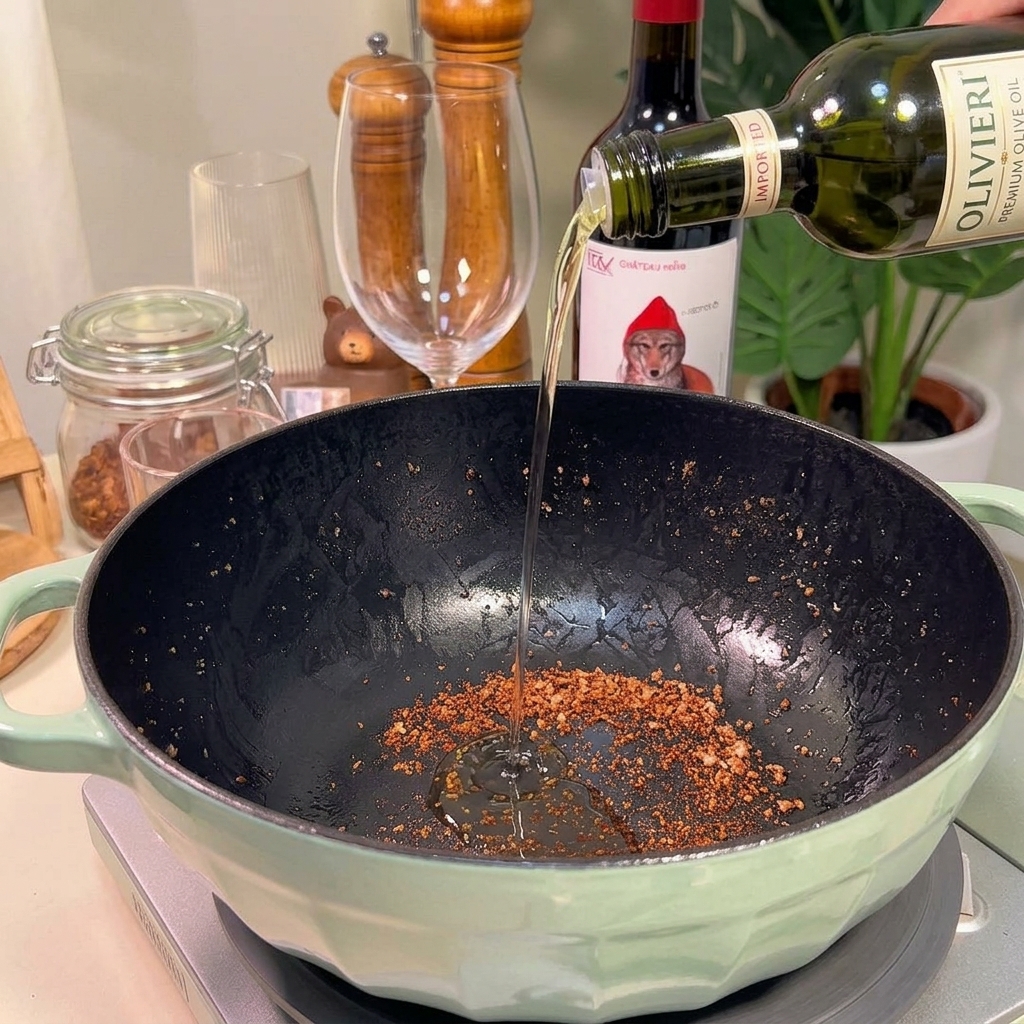 肉を焼いた後の旨味が残った鍋に、瓶から調理油を注ぎ入れている様子。