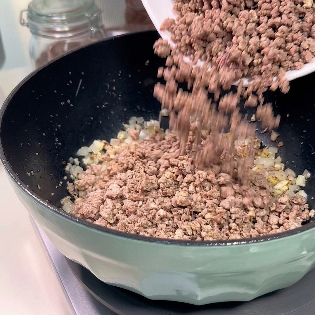 炒めた挽き肉をお皿から、玉ねぎとにんにくの入った鍋に戻し入れている様子。