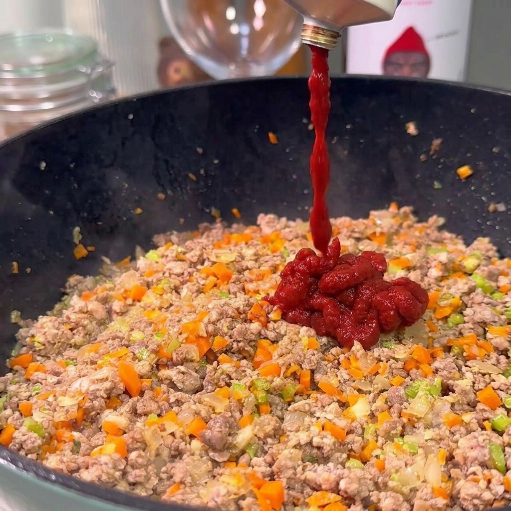 肉と野菜の具材に、濃い赤色のトマトペーストを加えて炒めている様子。