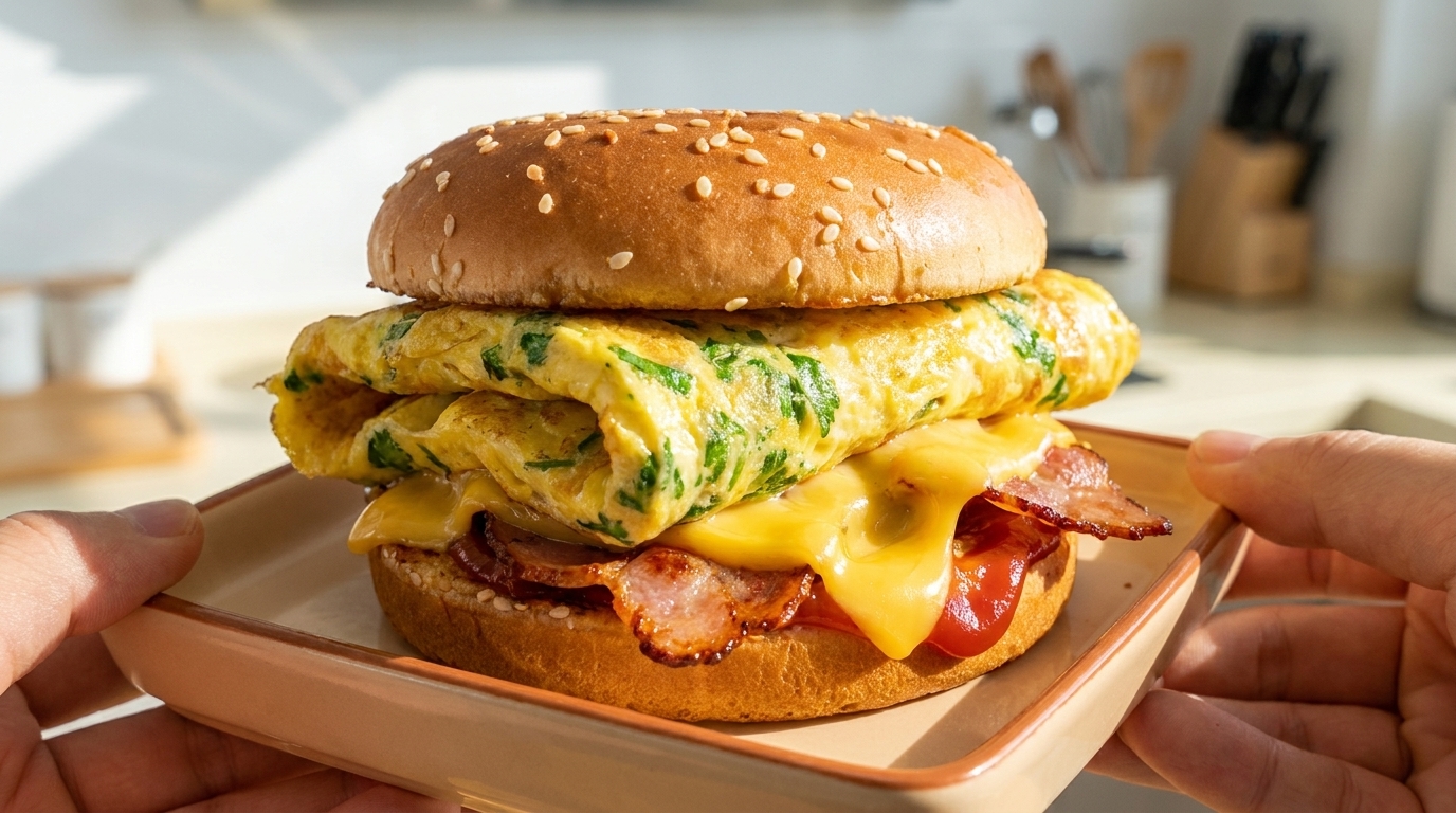 10分で完成！レタスオムレツのヘルシー朝食バーガー