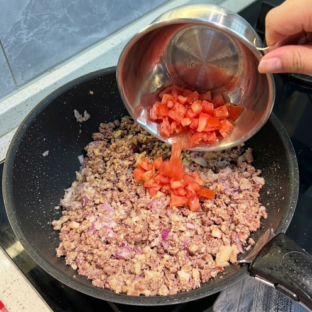 炒めた肉と玉ねぎが入った黒いフライパンに、ボウルから刻みたてのトマトを加えている様子。