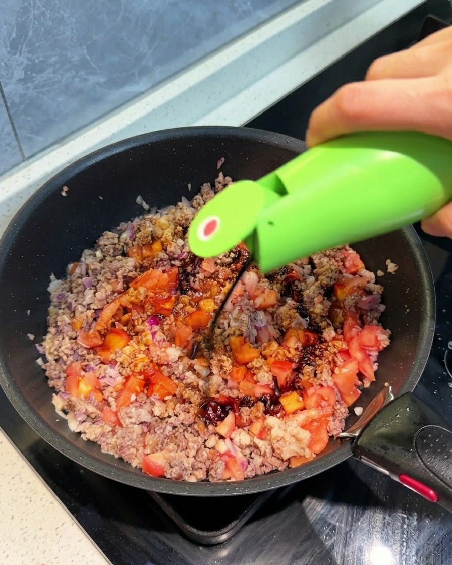フライパンの中の肉やトマト、玉ねぎの混合物に、ボトルの濃口醤油を回し入れている様子。