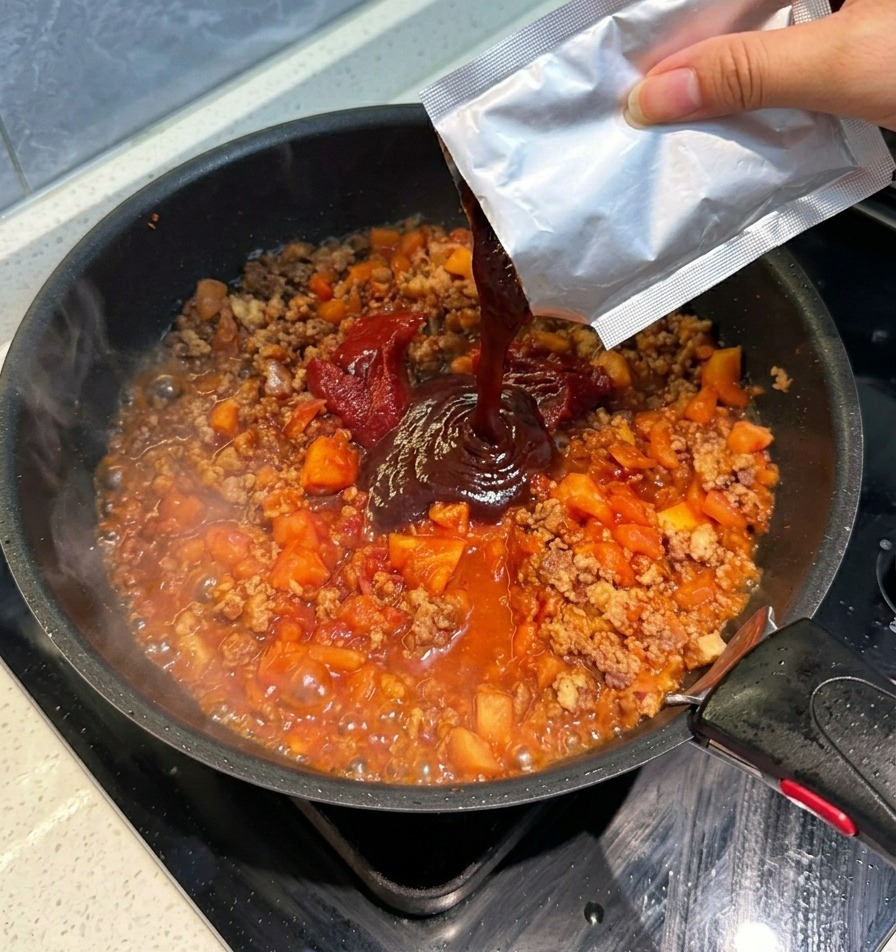 煮込まれた肉とトマトが入ったフライパンに、アルミパウチから赤いトマトスープの素を絞り出している様子。