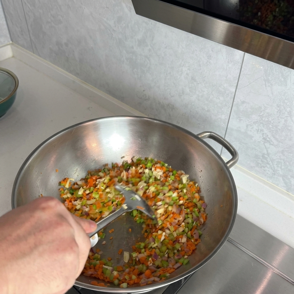 ウォックの中で色鮮やかな野菜(玉ねぎ、セロリ、にんじん、にんにく)をヘラで混ぜる様子。