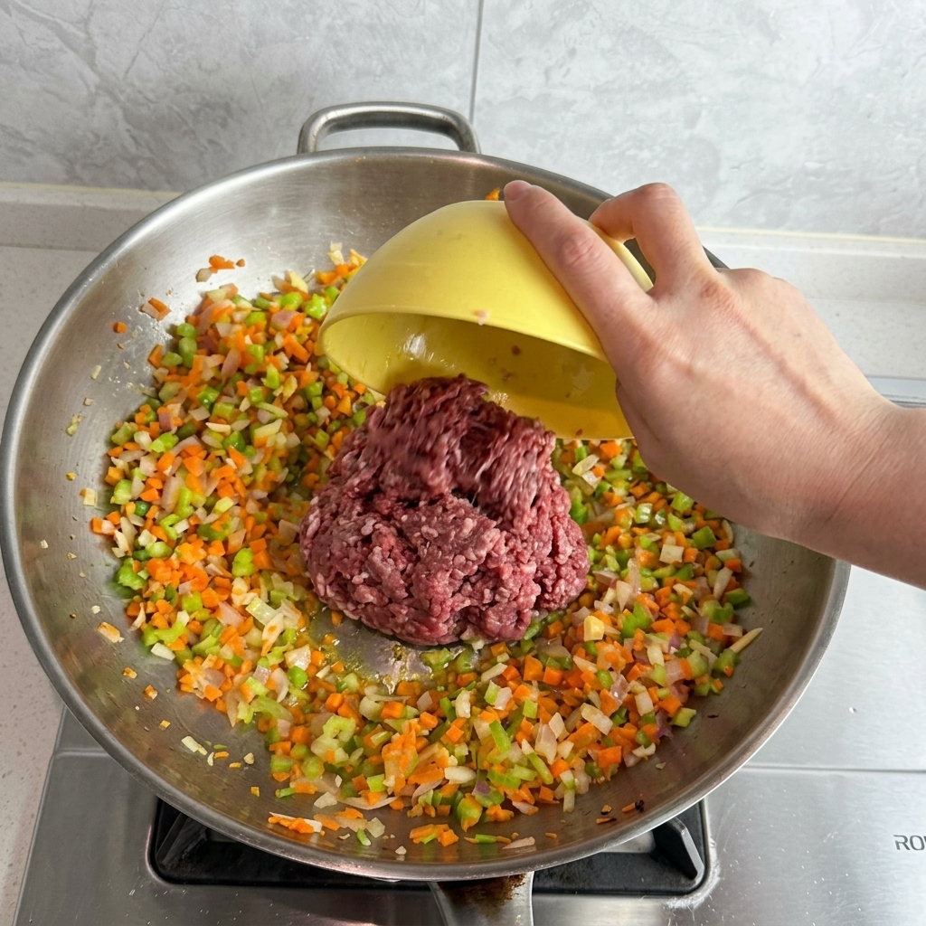 野菜を炒めたウォックに、黄色いボウルから生のひき肉を入れる手。