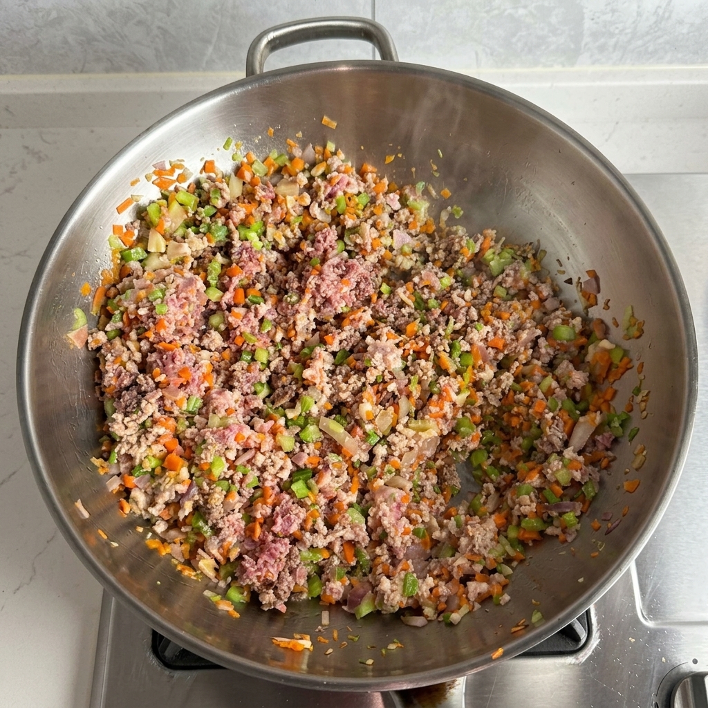 ウォックの中でひき肉と野菜が炒められ、肉にしっかりと焼き色がついた状態。