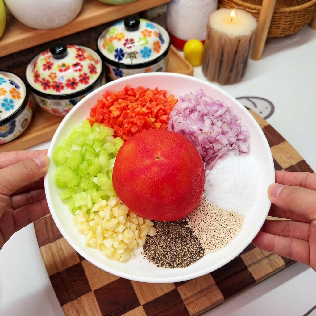 トマト、刻んだ野菜、各種粉末調味料をフードプロセッサーの容器に入れている様子。