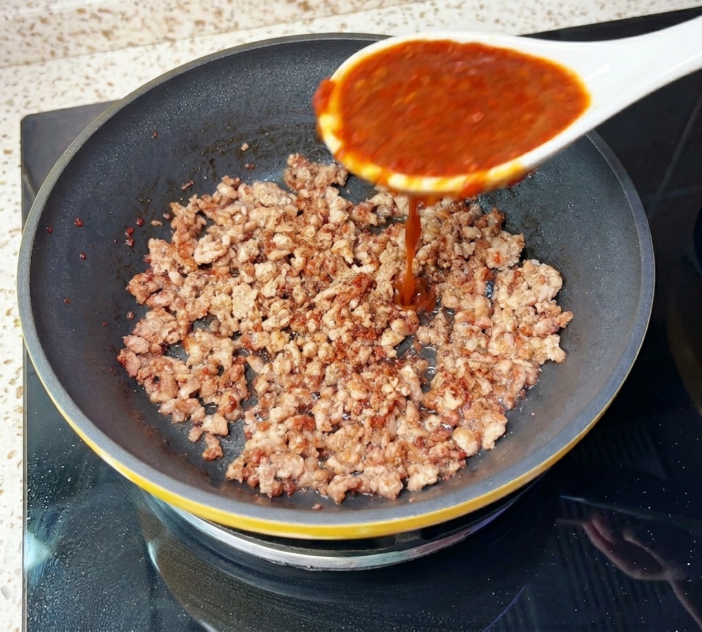 炒めた肉が入ったフライパンに、真っ赤な自家製トマトソースを注ぎ入れている様子。