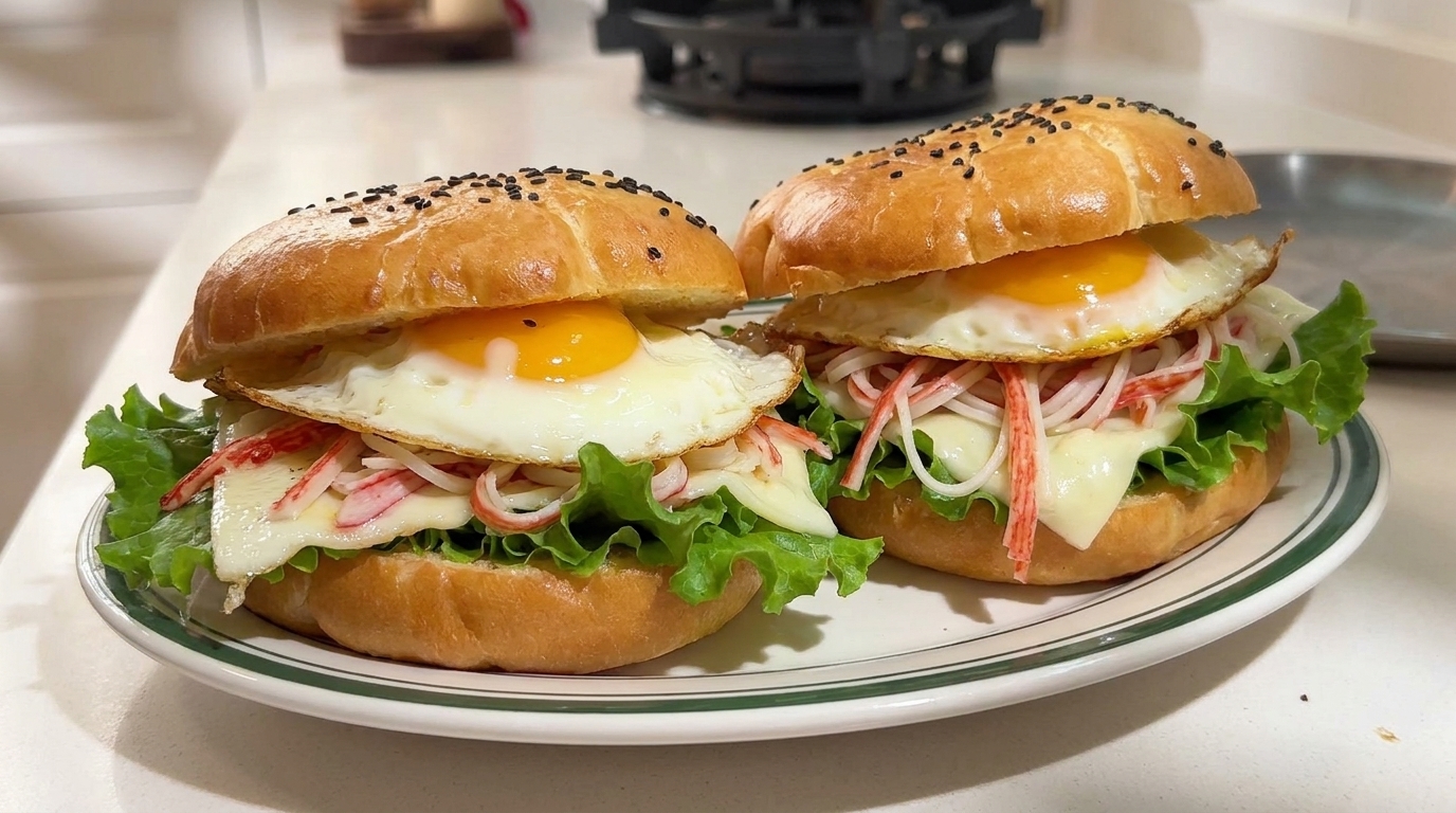 ふんわりと蒸し上がったバンズに、目玉焼きとカニカマを贅沢に挟んだ作りたての朝食バーガー。