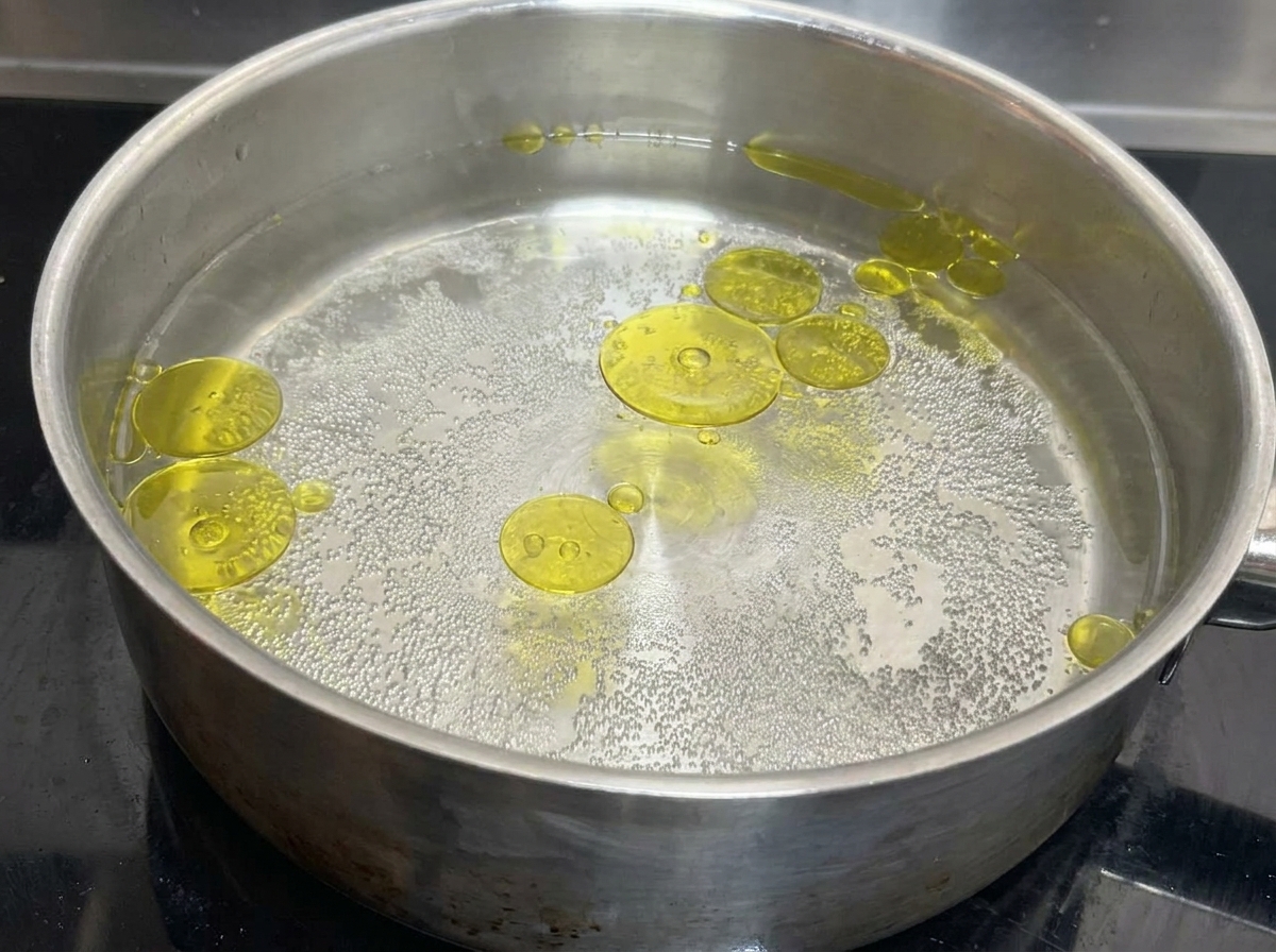 大きなステンレス鍋で激しく沸騰しているお湯。表面にはオリーブオイルのしずくが浮いている。