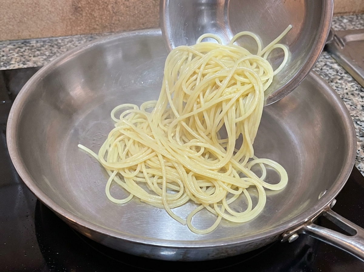 茹で上がったスパゲッティを、ボウルからフライパンのソースの中に移している様子。