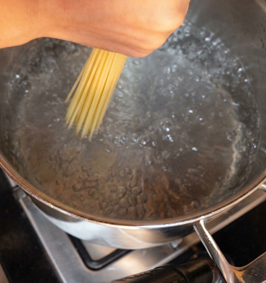 沸騰したお湯に乾燥スパゲッティを立てるように入れている様子。