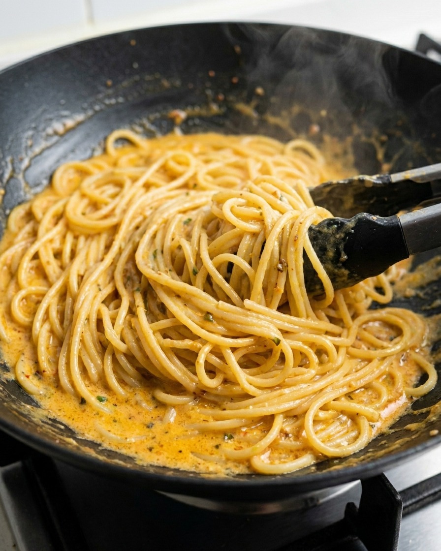 フライパンの中で、パスタ、ソース、ハーブをトングで混ぜ合わせている様子。