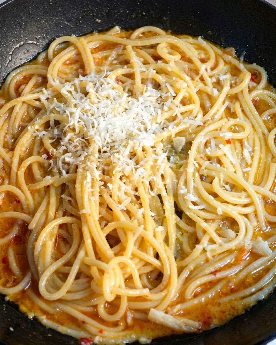 温かいスパゲッティの上に削りたてのパルメザンチーズが乗っている様子。