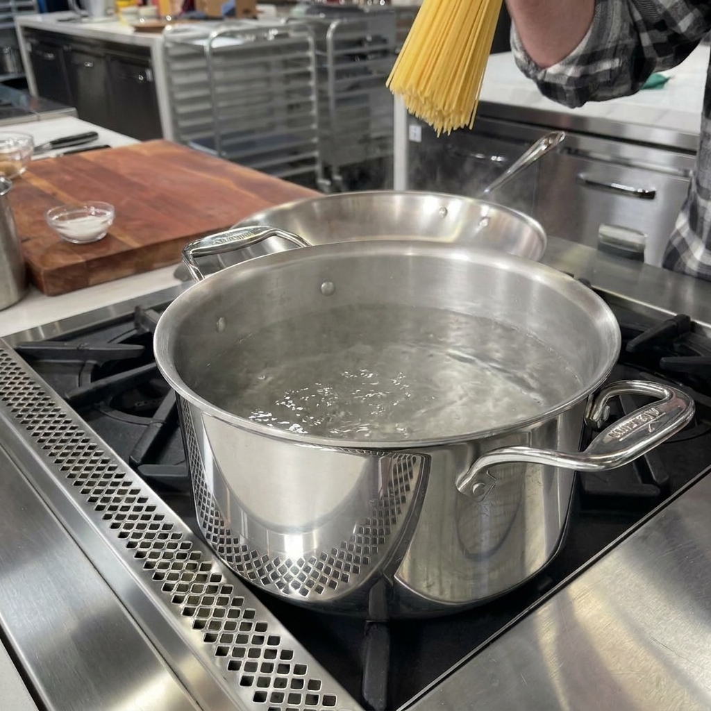 沸騰したたっぷりの塩水に乾燥スパゲッティを入れる様子
