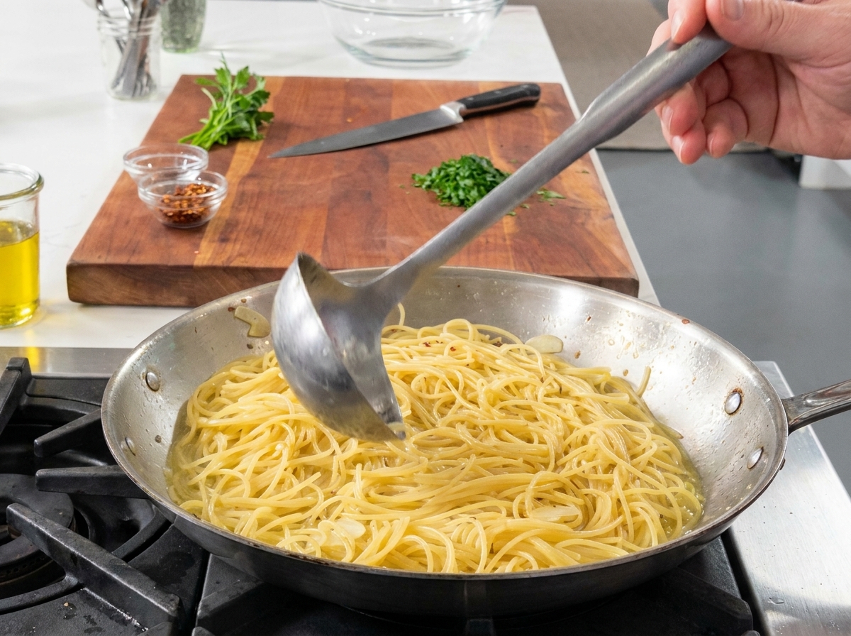 調理中のパスタの上に、追加で茹で汁をかけて濃度を調整している様子