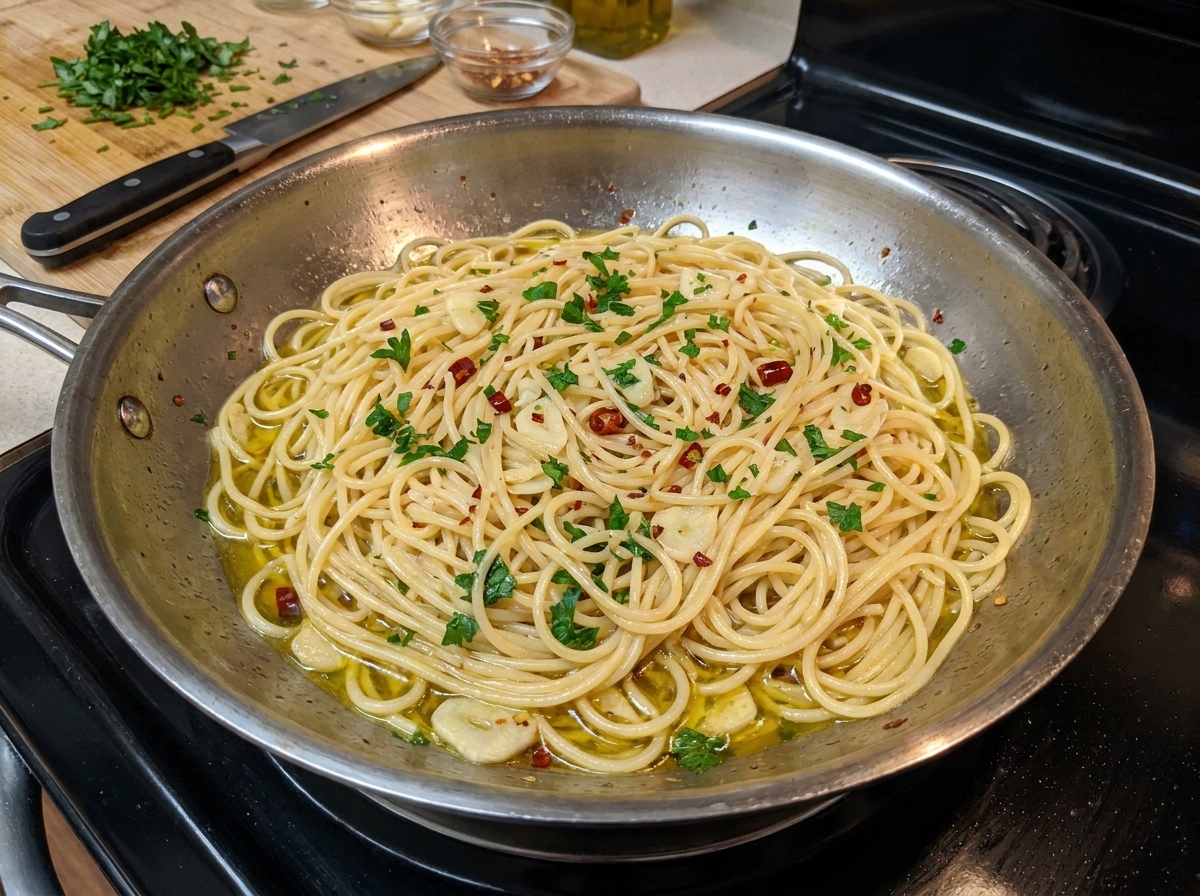完成直前のパスタに刻みたての鮮やかな緑のパセリを散らした様子