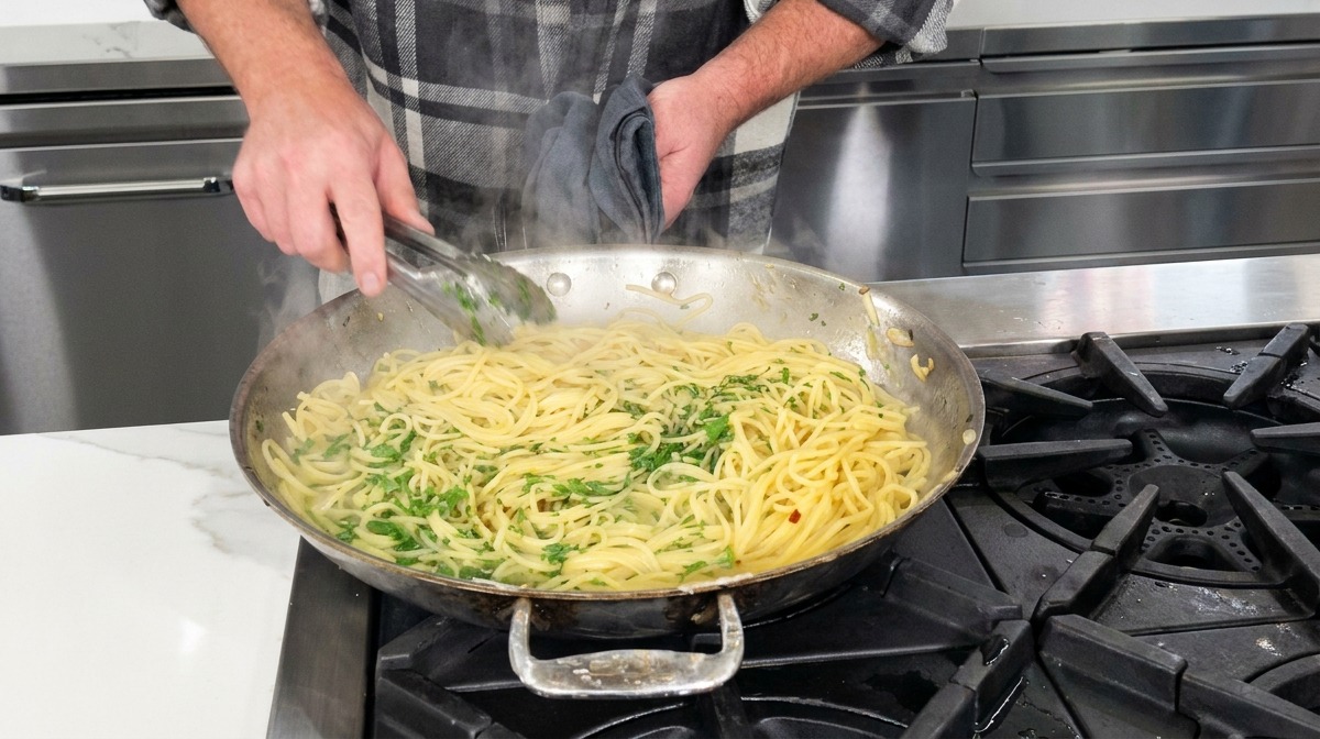 パセリを散らしたパスタを最後に大きく一混ぜして盛り付けの準備をする様子