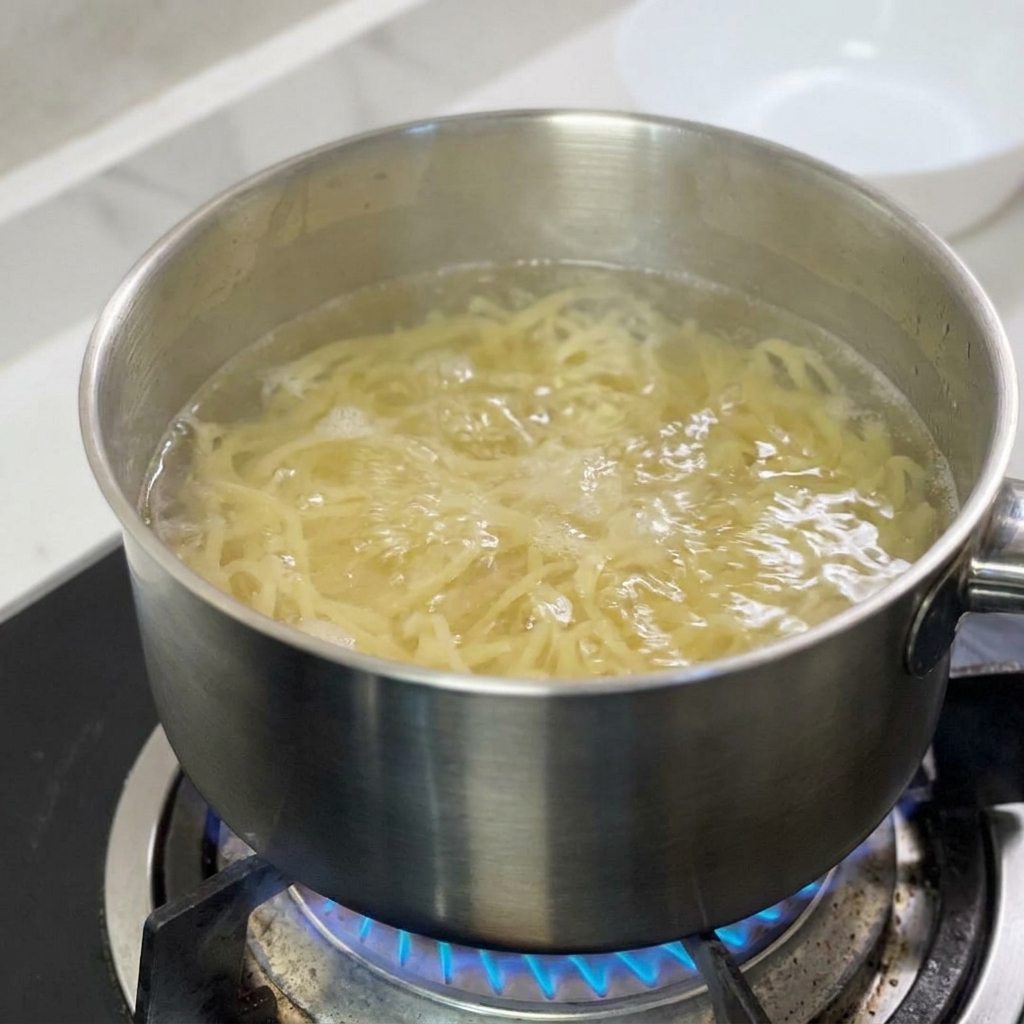 沸騰したお湯の中で柔らかくなったスパゲッティ。
