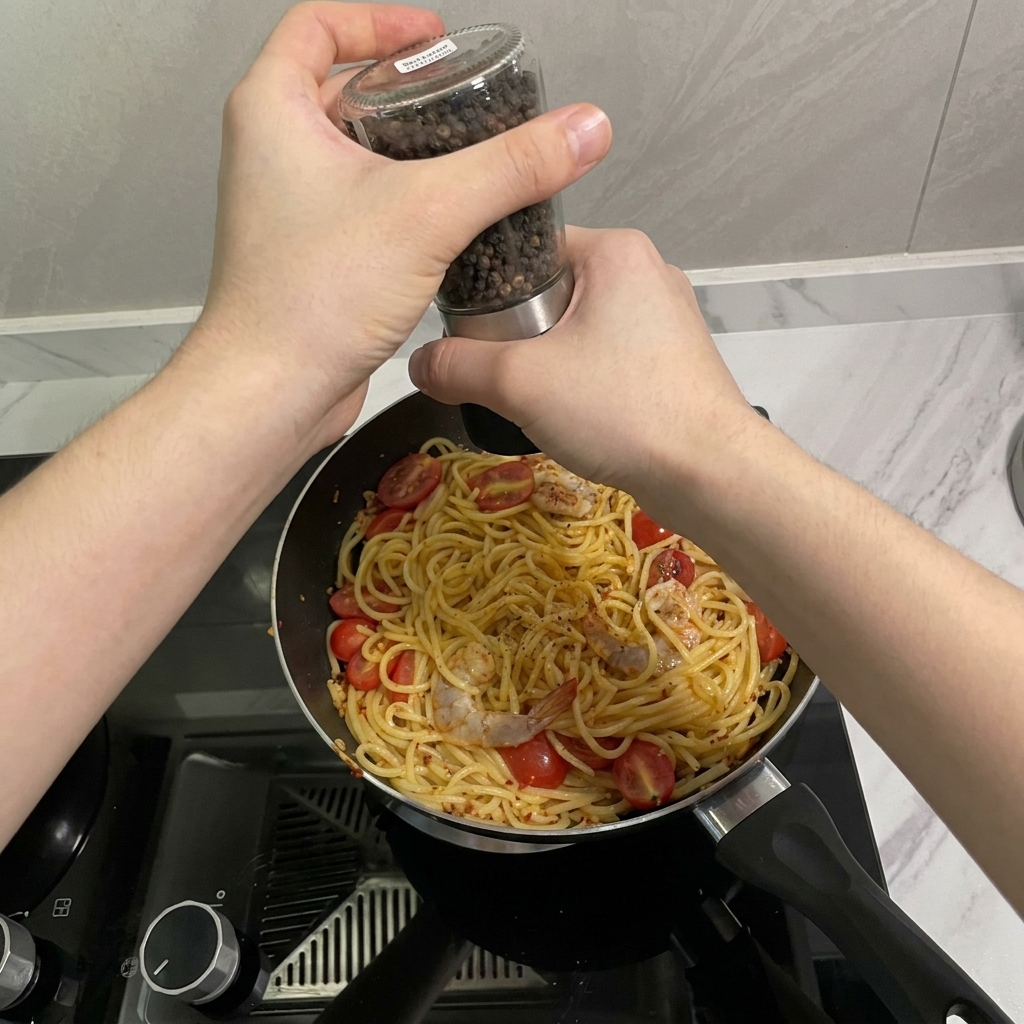 フライパンの中のパスタにペッパーミルで黒胡椒を挽く様子。
