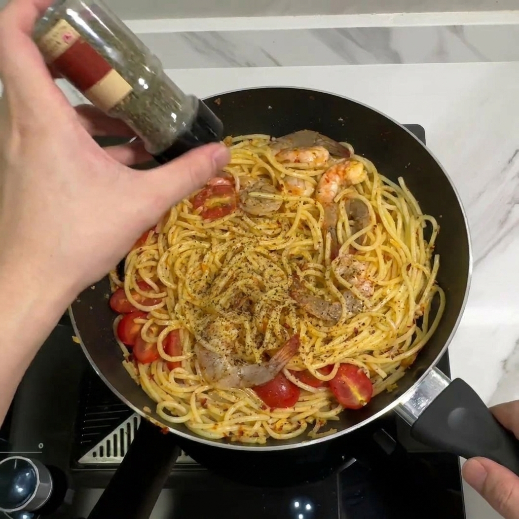 フライパンのパスタに乾燥パセリを振りかける様子。