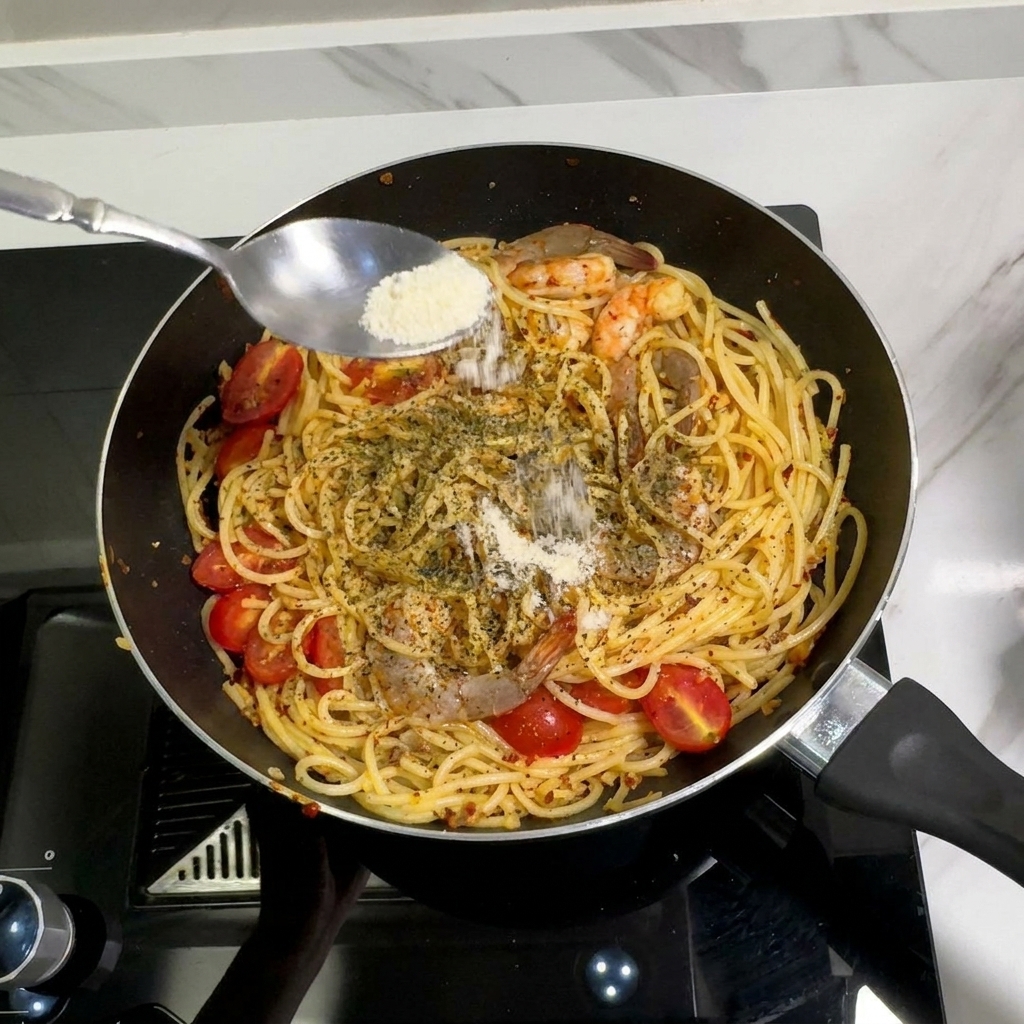 スプーンで調味料パウダーをパスタに加える様子。