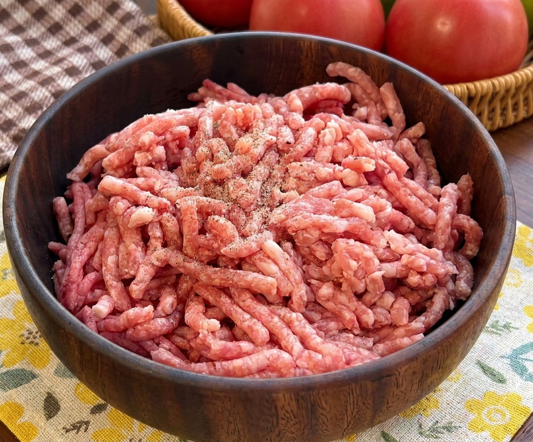 ボウルに入った牛ひき肉に、塩と黒こしょうを振りかけている様子。