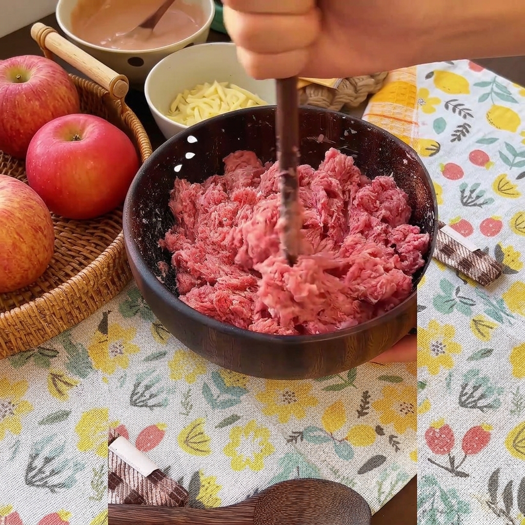 箸を使ってボウルの中で肉だねを一方向に力強く混ぜている様子。