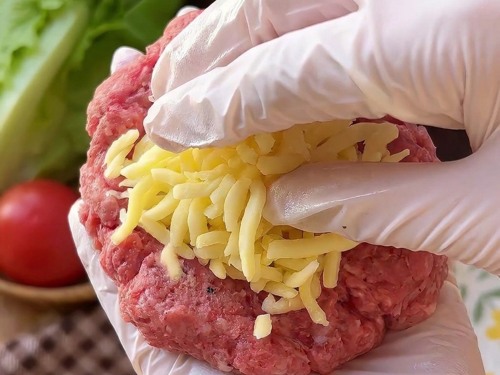 手のひらの上で平らに広げたひき肉の中央に、こんもりと盛られたシュレッドチーズ。