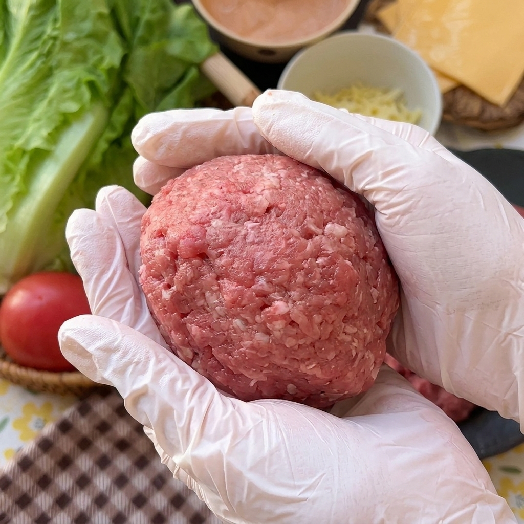両手を使って、チーズが漏れないように肉だねを丸く丁寧に成形している様子。