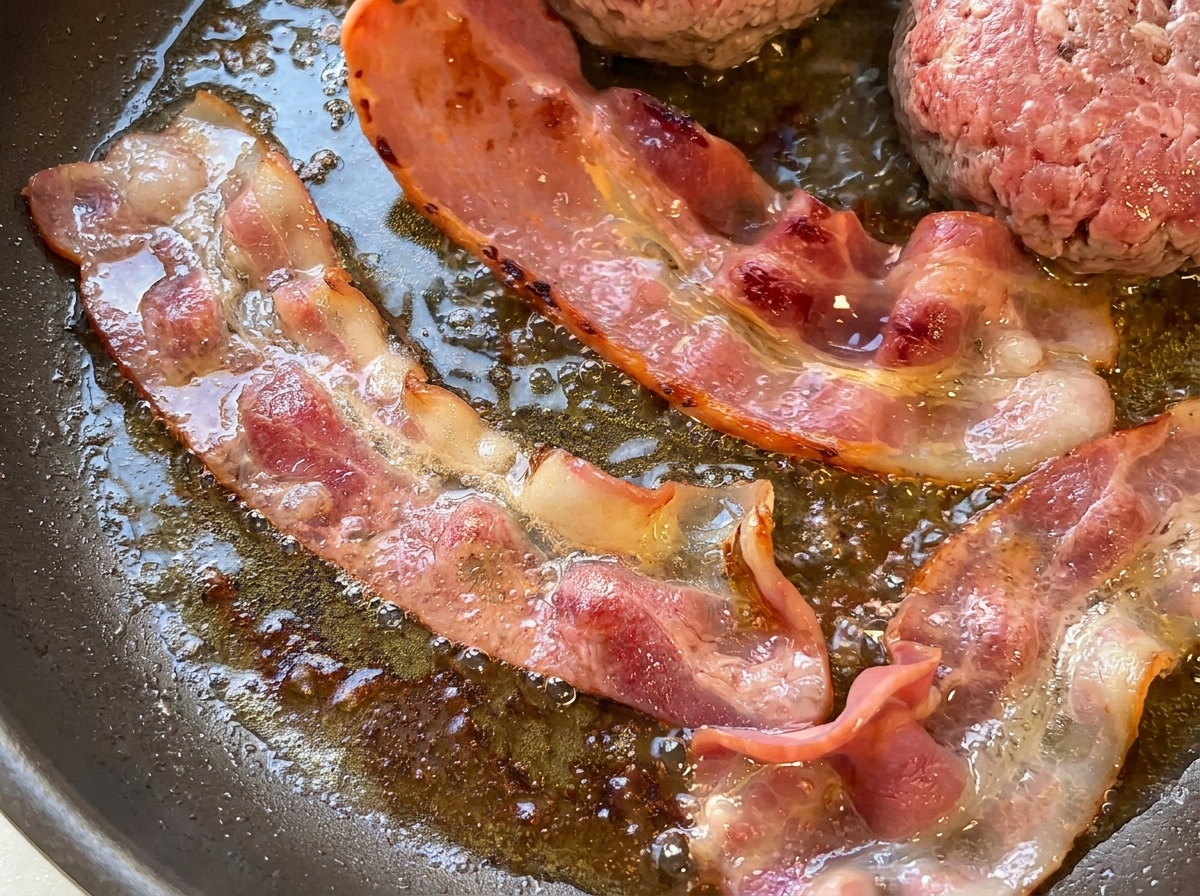 フライパンの中で、パティの脂を纏いながらカリッと焼き上がっていくベーコン。