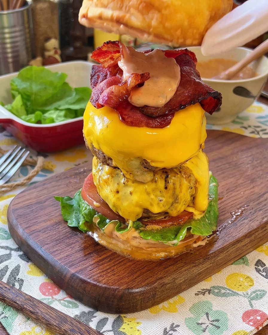 高く積み上げられたバーガーの仕上げに、トップのバンズを被せる様子。