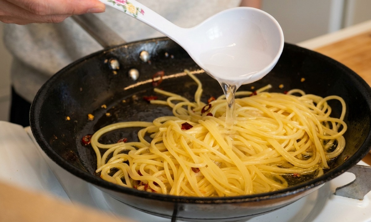 スパゲッティ、にんにく、唐辛子、オリーブオイルが入ったフライパンに、ゆで汁をお玉で注ぎ入れている様子。