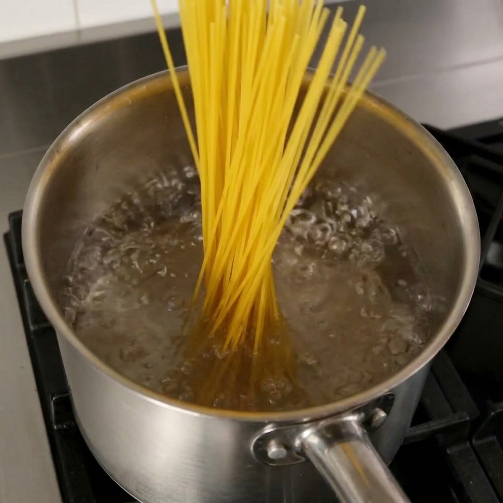 沸騰したお湯が入った鍋に、スパゲッティの束を入れている様子。