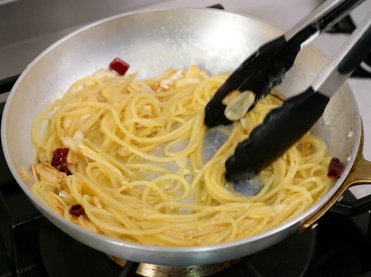 トングを使い、フライパンの中でパスタを激しく混ぜてソースを乳化させている様子。