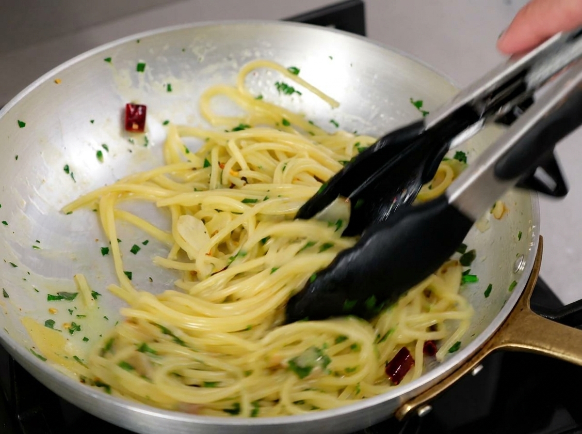 浅いセラミックのボウルに盛り付けられたパスタ。上にはパセリとカリカリのニンニクが乗っている。
