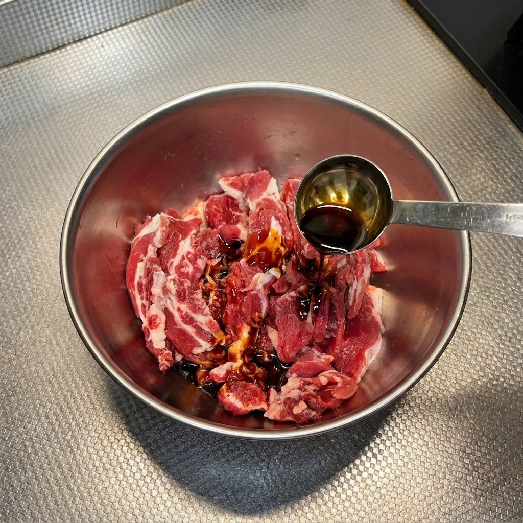 ボウルに入った牛肉の薄切りに、計量スプーンでダークソースを注いでいる様子。