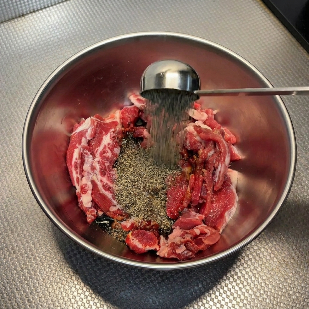 ボウルの牛肉にスプーンでたっぷりの黒胡椒を振りかけている様子。