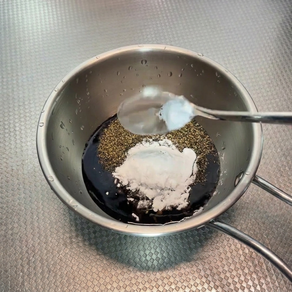 小さなボウルのソースに片栗粉を加えている様子。