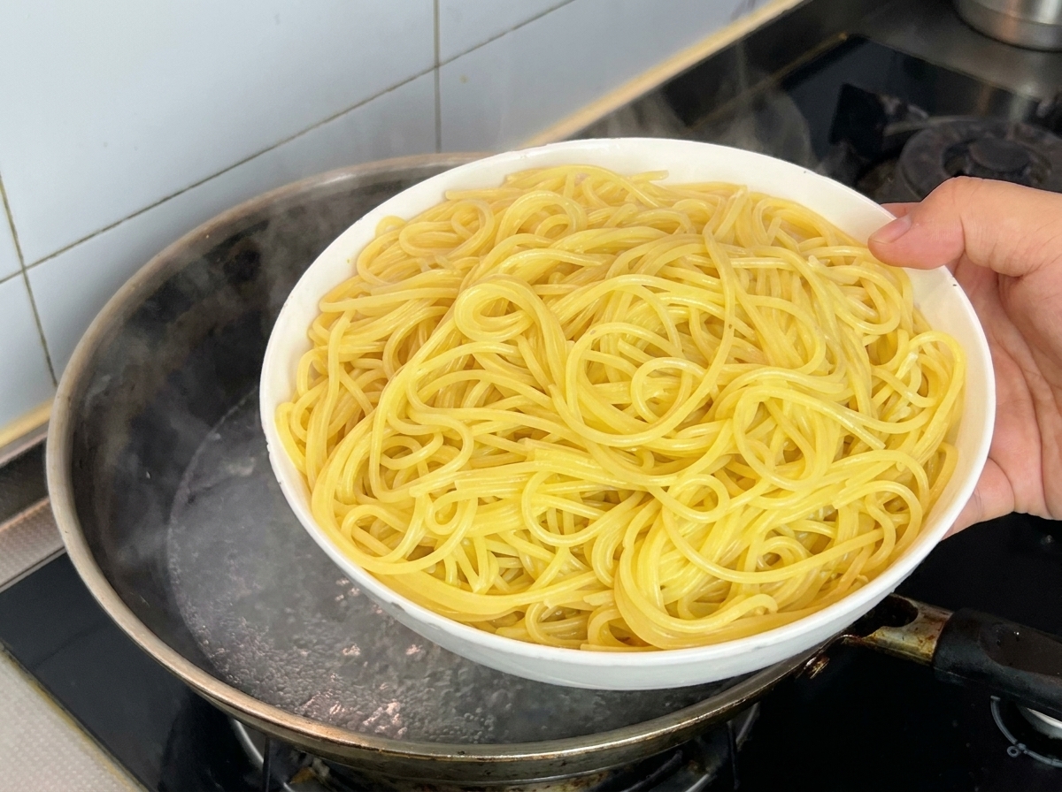 茹でたてのスパゲッティを湯気の立つ鍋からボウルに移している様子。
