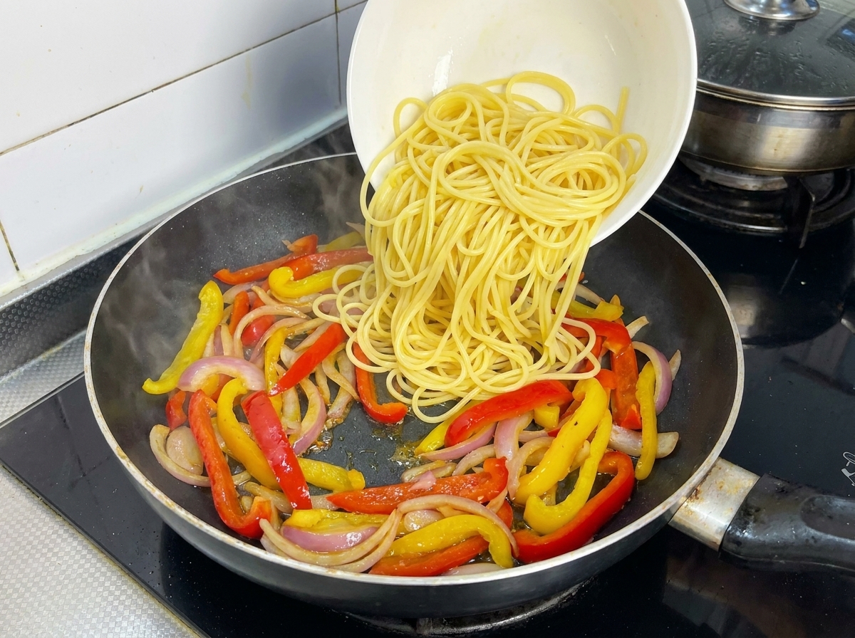 炒めた野菜が入ったフライパンにスパゲッティを加えている様子。