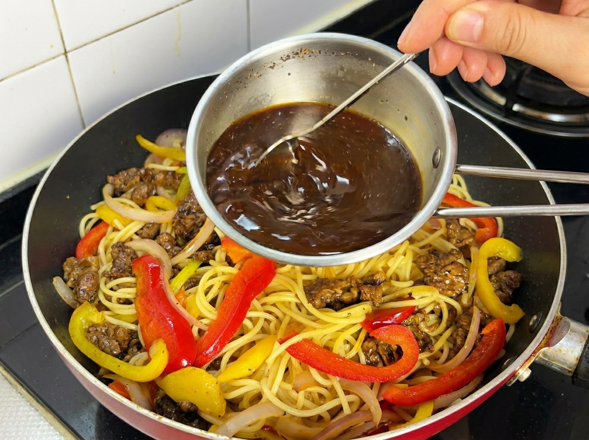 フライパンのパスタ全体に黒胡椒ソースを回しかけている様子。
