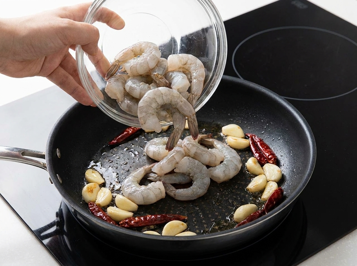 ニンニクと唐辛子を炒めているフライパンに、下味をつけたエビを並べている様子。