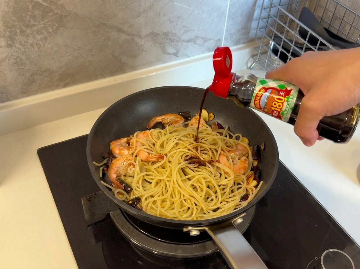 パスタの上から薄口醤油を回しかけて、風味をつけている様子。