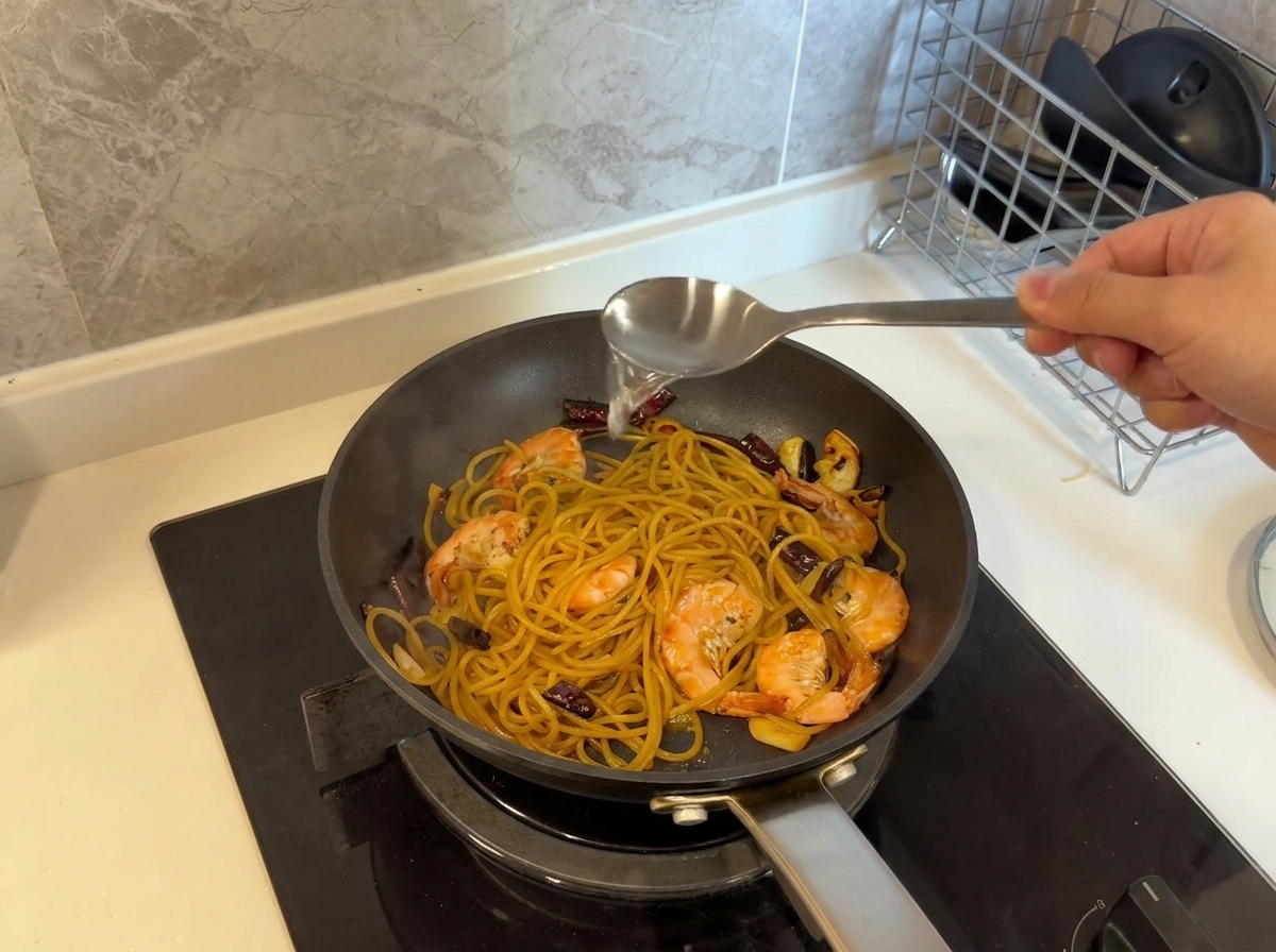 スプーンでパスタの茹で汁を加え、ソースを滑らかに乳化させている様子。